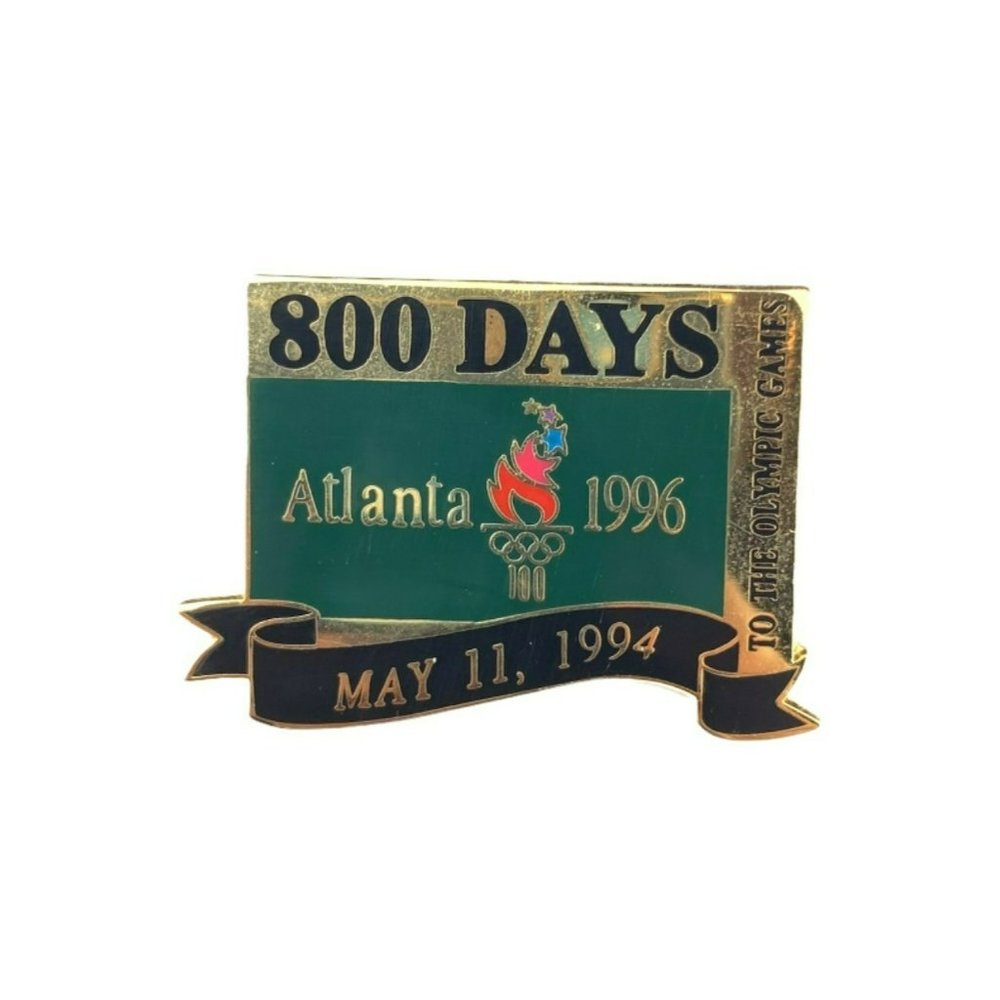 Vtg Olympic Atlanta 1996 Pushback Pin May 11 1994 800 Days Gold Tone Green Games